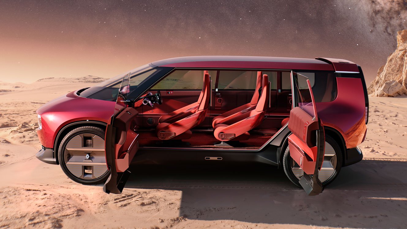 رينو E-Space الاختبارية من الجانب بأبواب مفتوحة بشكل متقابل دون عمود أوسط تكشف المقاعد الحمراء